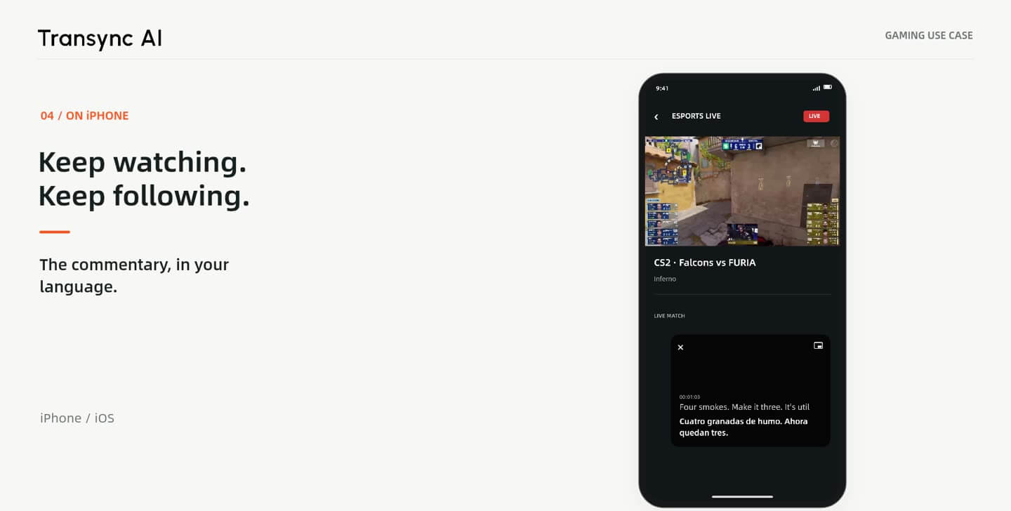 Illustration du flux de travail de diffusion en direct sur iPhone avec sous-titres flottants en anglais et en espagnol.