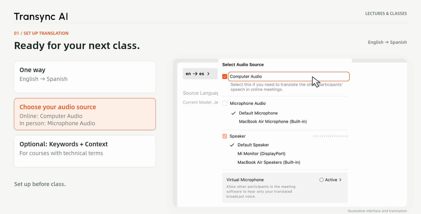 Select Computer Audio to translate an online class.