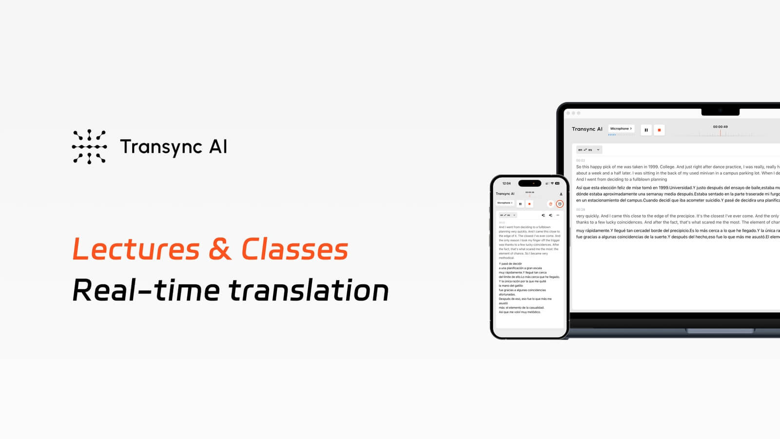Lecture translation on desktop and mobile with Transync AI.