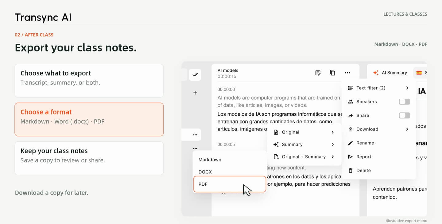 Illustrative export menu offering transcript, summary or both in Markdown, Word and PDF.