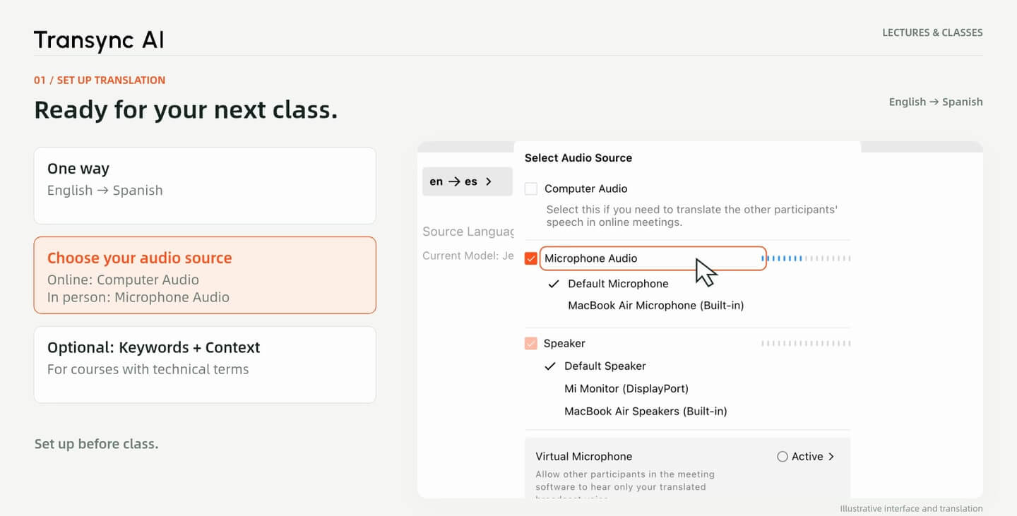 Select Microphone Audio to translate an in-person lecture.