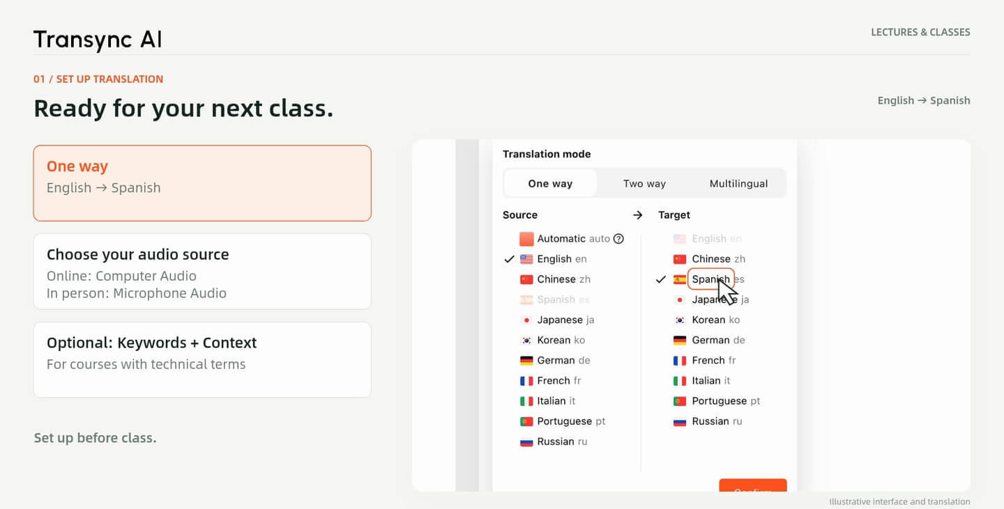 Choose One way translation from English to Spanish in Transync AI.