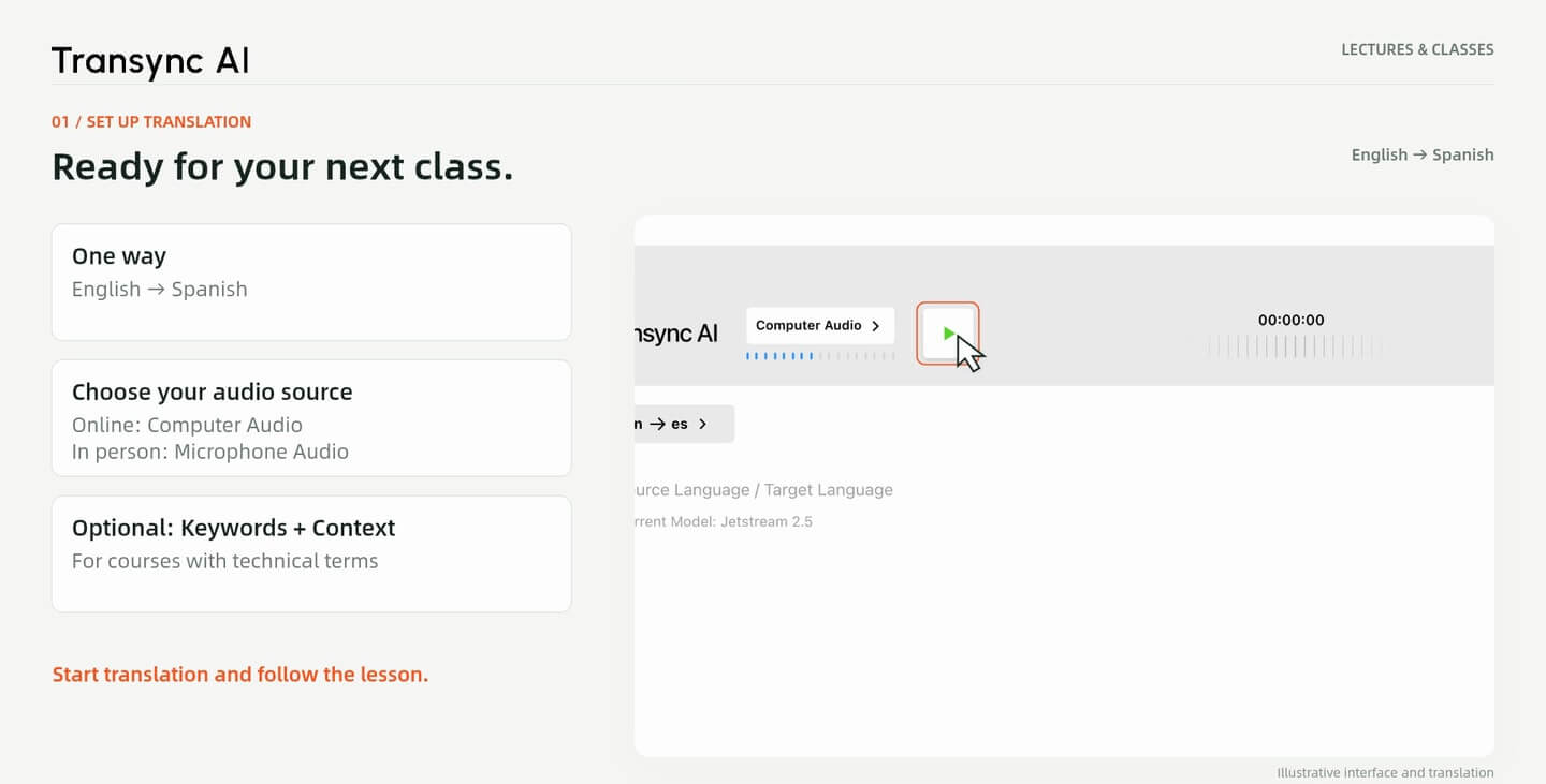 Start translation after selecting the class languages and audio source.