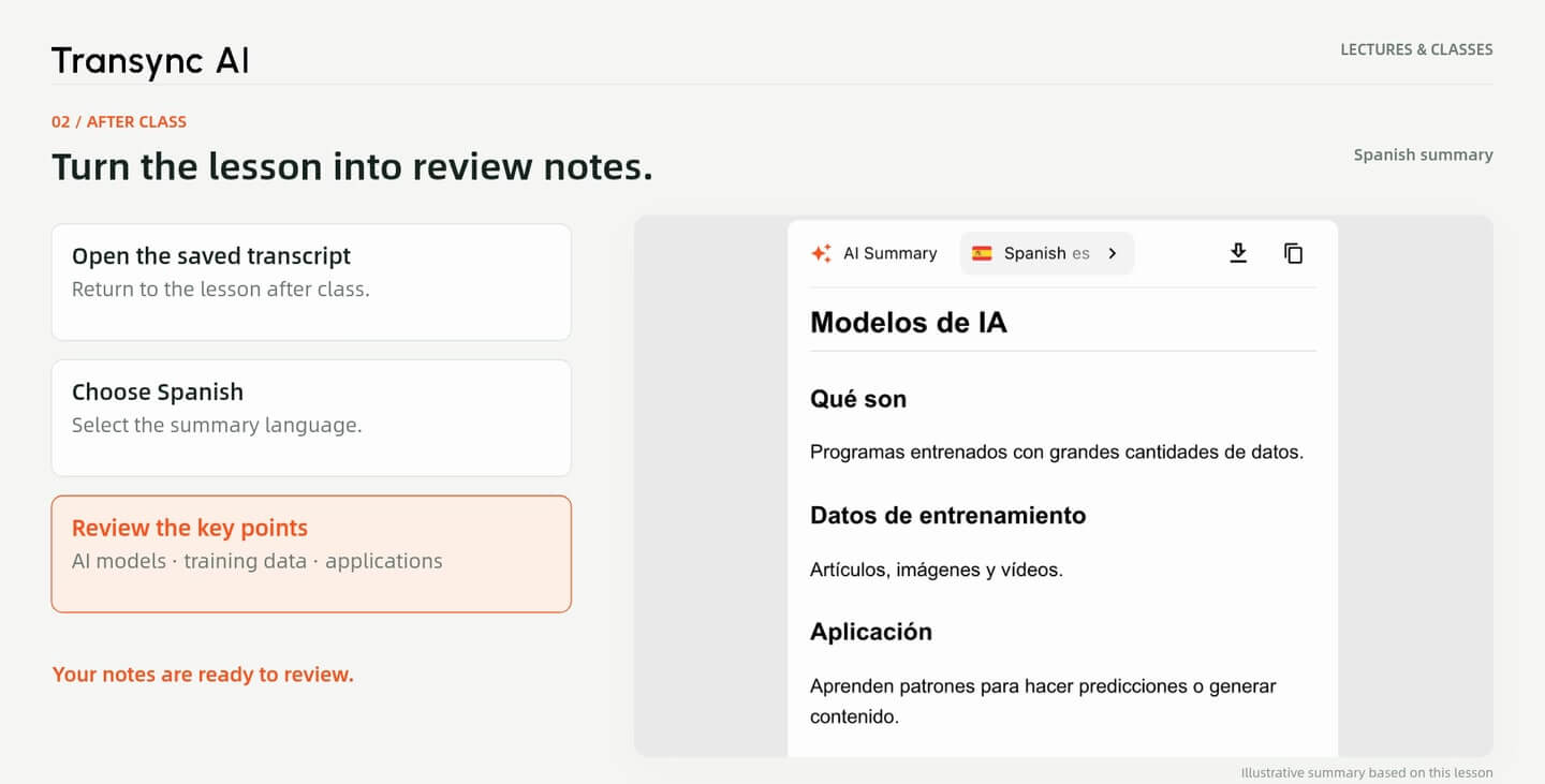 Illustrative Spanish summary of a saved lecture transcript.