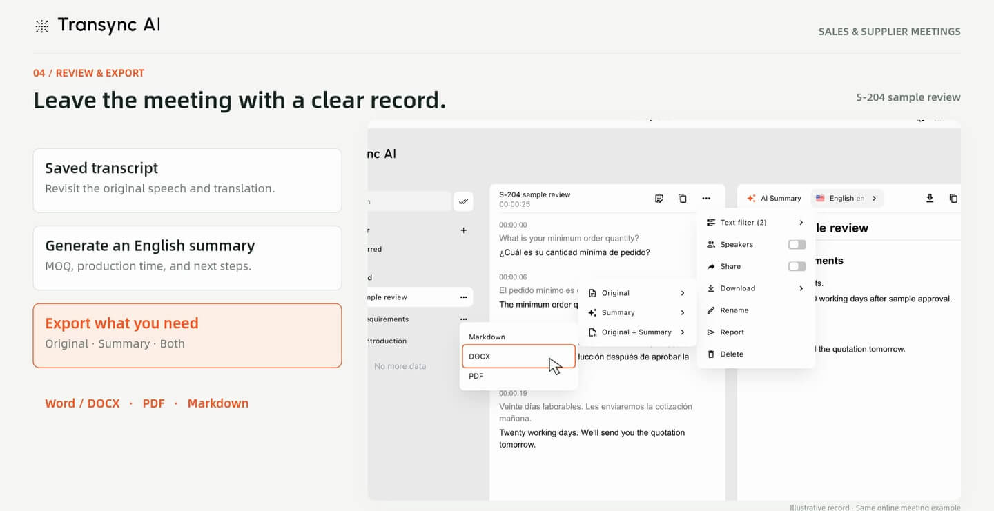 Ejemplos de opciones de exportación de registros para el formato original, el resumen o ambos, en Markdown, Word o PDF.