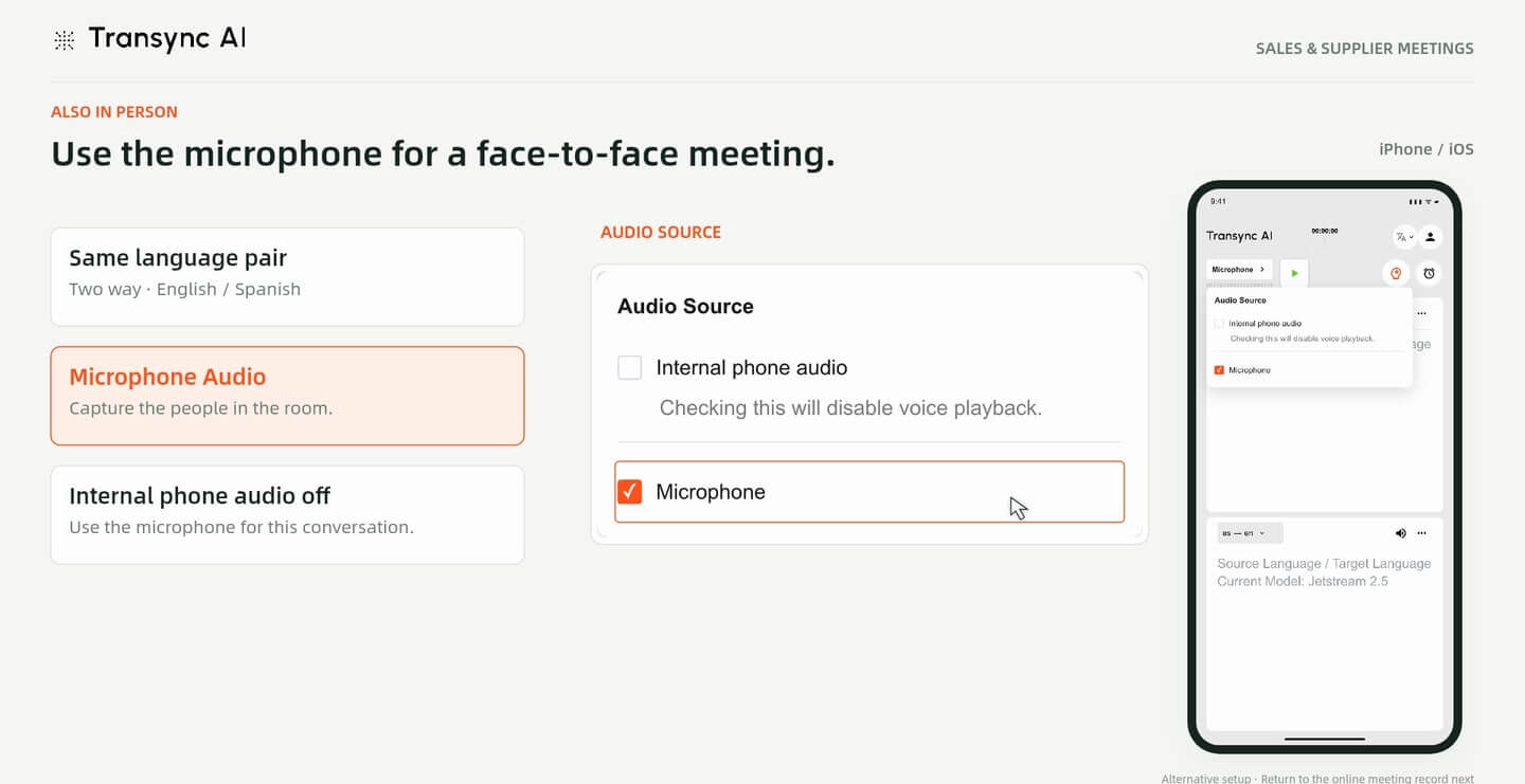 Configuración ilustrativa de un iPhone con el micrófono seleccionado y el audio interno del teléfono desactivado para una conversación en persona.