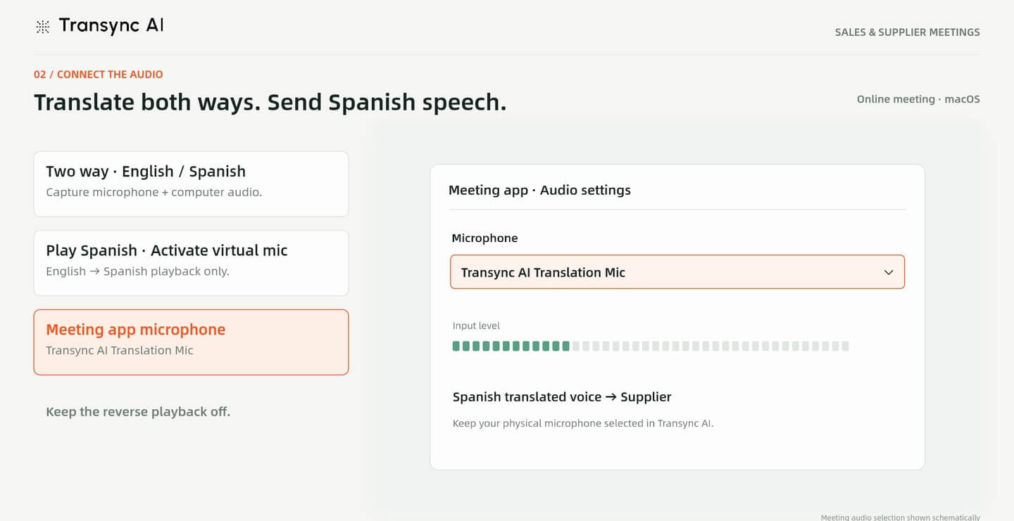 Ejemplo genérico de aplicación para reuniones que selecciona el micrófono de traducción con IA Transync como micrófono.