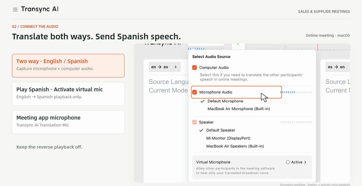 Ejemplo ilustrativo de configuración de reunión bidireccional en inglés y español con audio de computadora y audio de micrófono.