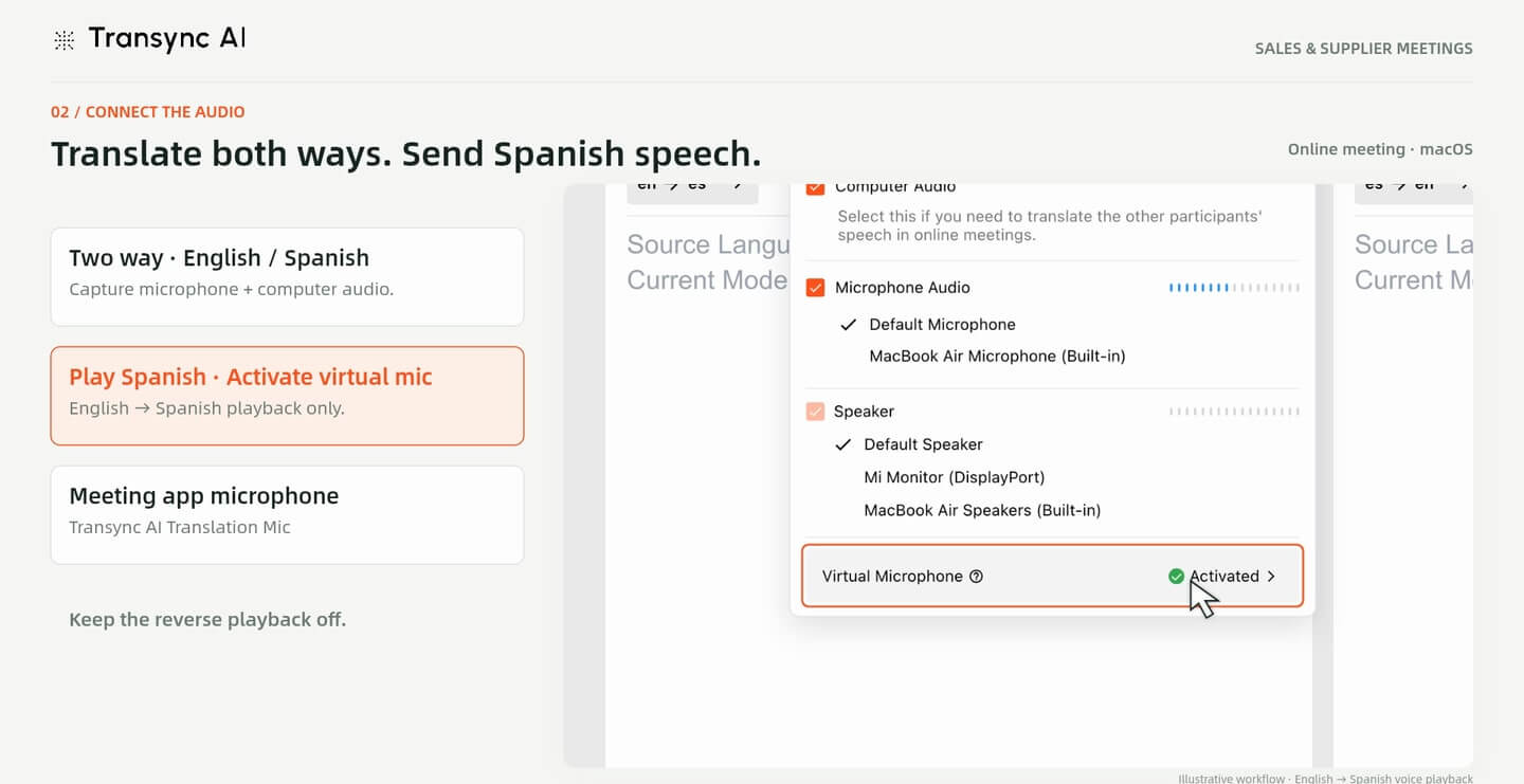 Active el micrófono virtual para la reproducción de voz en inglés y español en la configuración de reunión ilustrada.