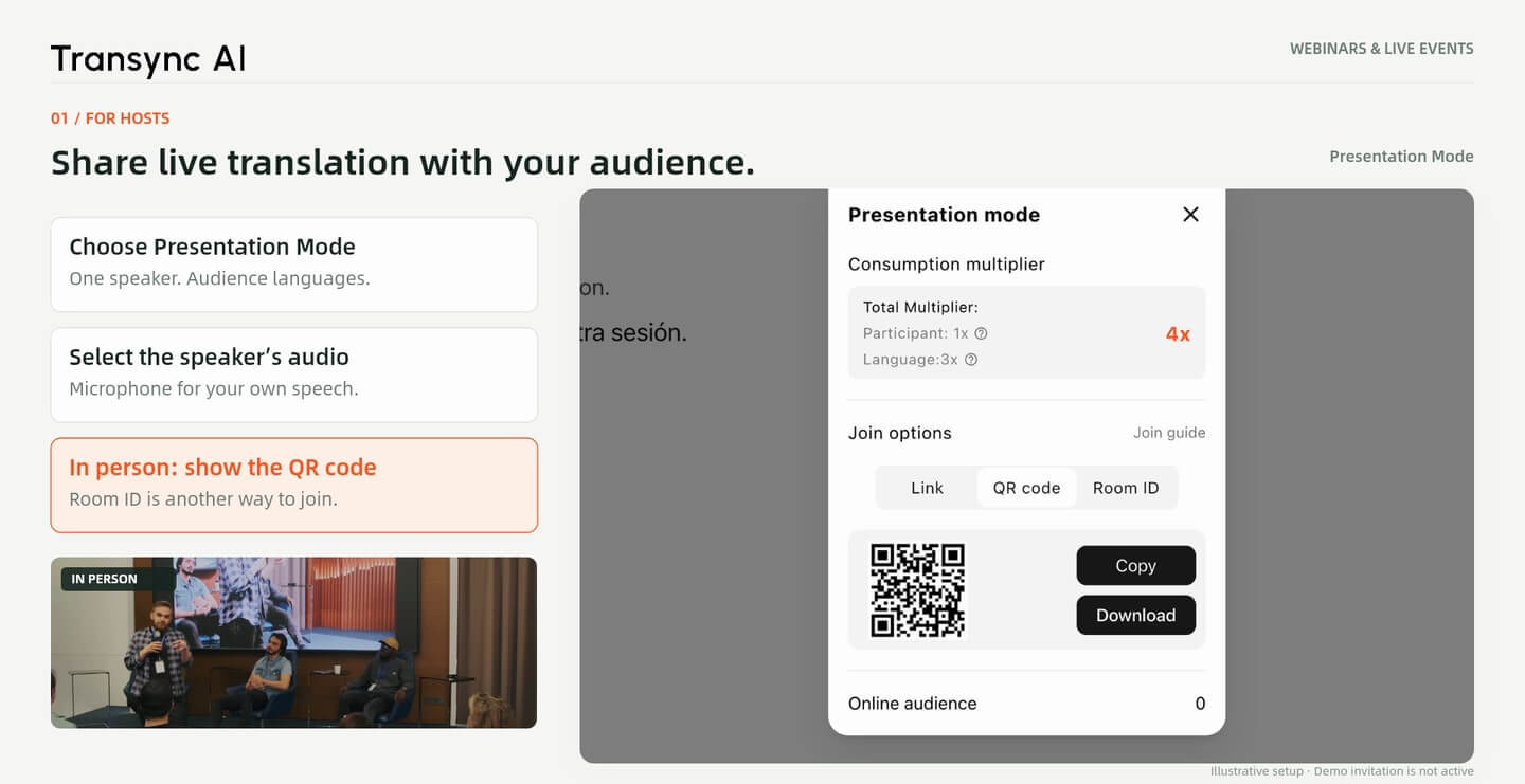 Panel del modo de presentación ilustrativo para compartir un enlace de traducción de un seminario web, un código QR o un ID de sala.