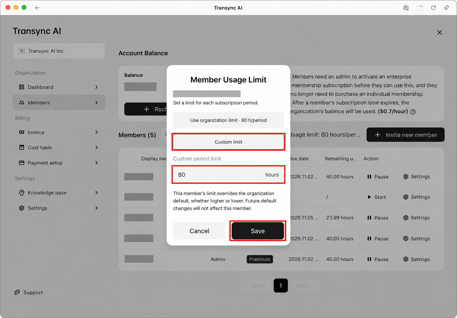 Transync AI enterprise member usage limit settings